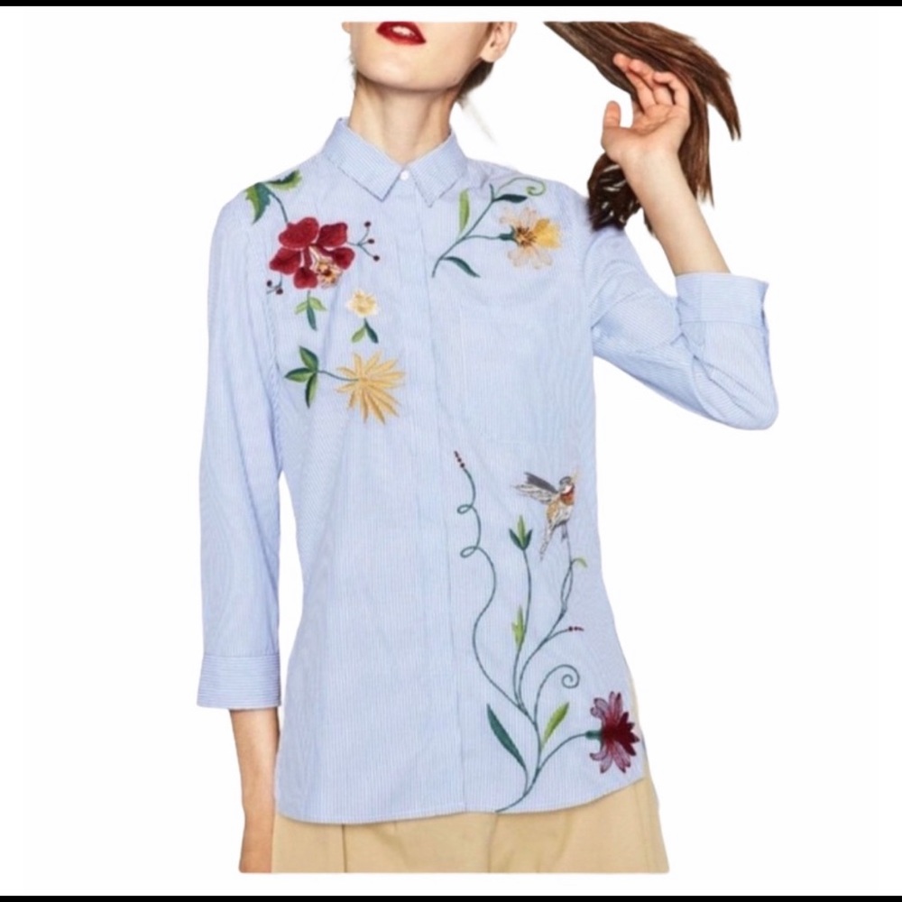 Gently Used ZARA Floral Blue White Stripe Button Down Shirt Medium